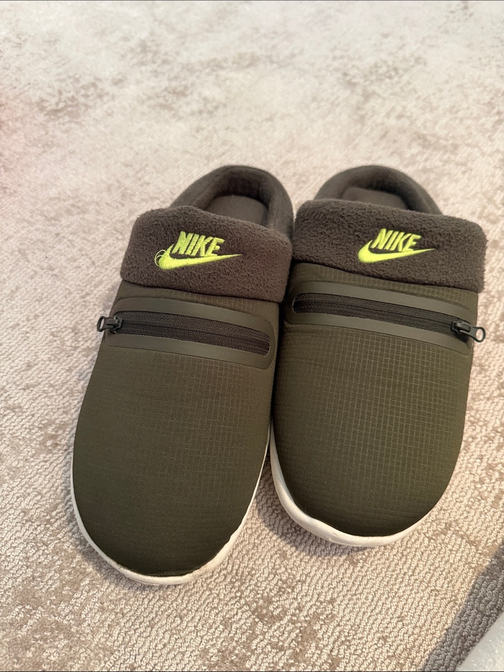 Nike Olive Green Slippers with Neon Yellow Logo